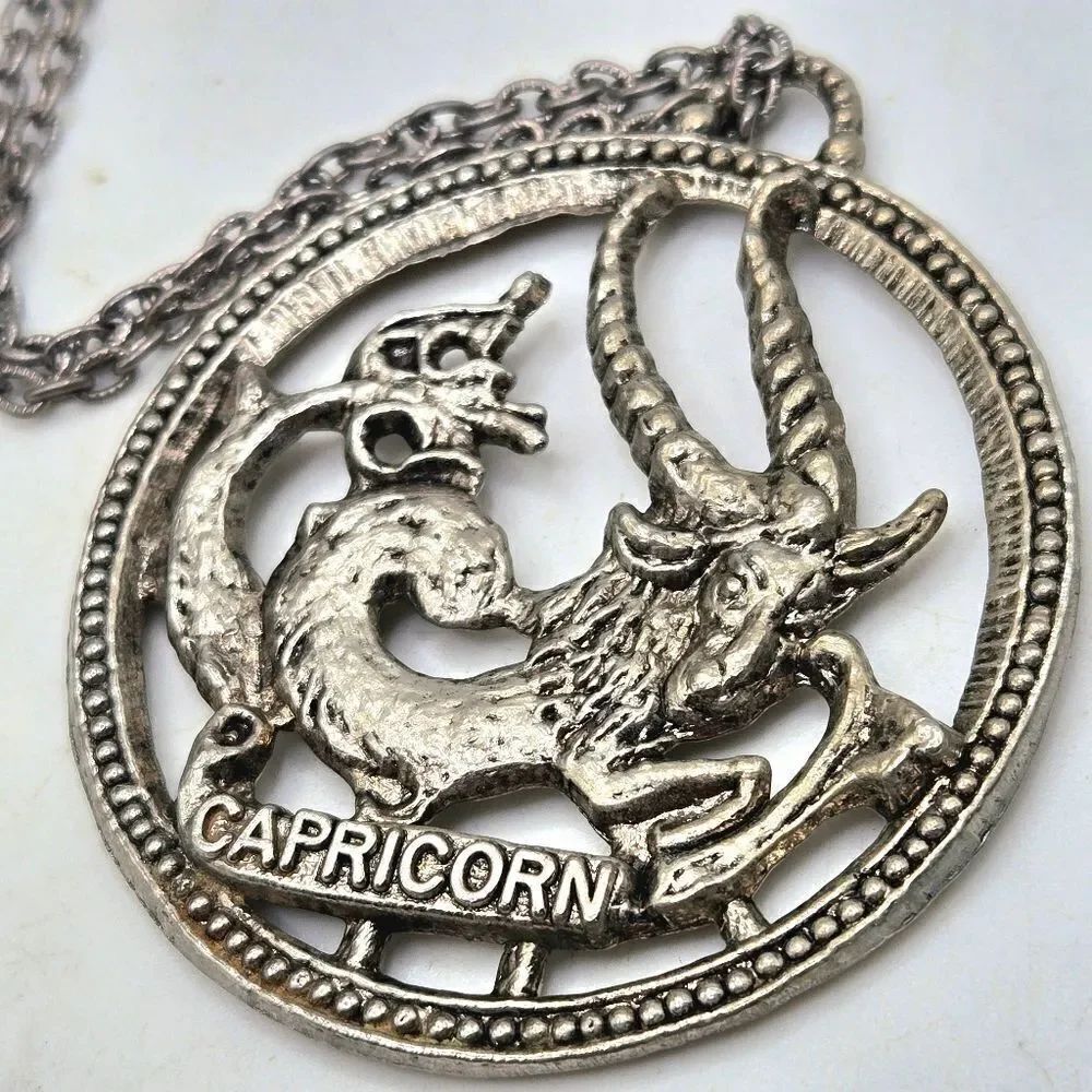 "5/$40" Pewter Finish Capricorn Round Pendant Unisex Chain Necklace
